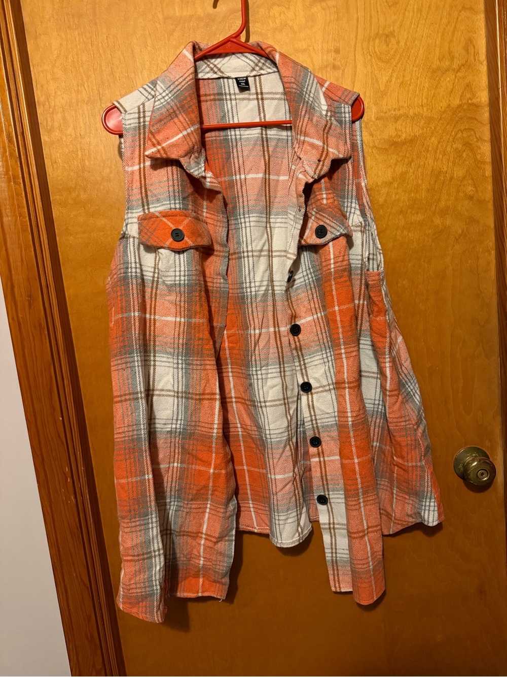 SHEIN Orange Cream and Gray Plaid Sleeveless Shacket Vest